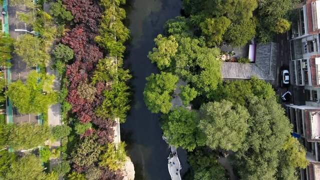 aerial view of long river in jinan kuanhouli business street

