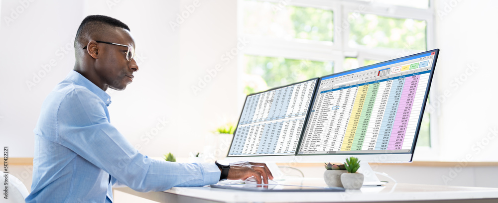 Poster data analyst african man using spreadsheet