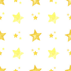 Seamless Pattern with Gold stars on white background. Hand painted watercolor print for baby textile design or wrapping paper - obrazy, fototapety, plakaty