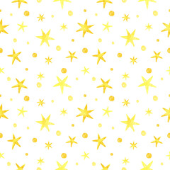 Seamless Pattern with Gold stars on white background. Hand painted watercolor print for baby textile design or wrapping paper