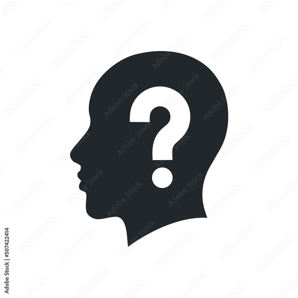 Poster a flat vector image on a white background, an icon of a human head in black color with a question ma