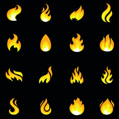Fire yellow flame burn flat vector icon collection set