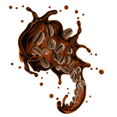 Fresh coffee splash and  coffee bean with clipping path , 3D Rendering, 3D illustration
