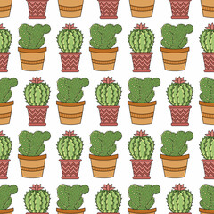 Seamless pattern with home plants cacti succulents in pots