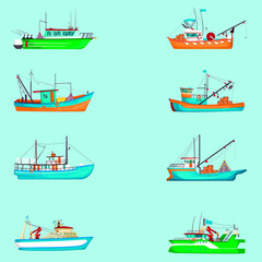 Fishing boats color collection icon set