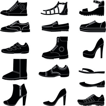 Footwear black and white icons collection set