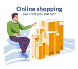 Young man shopping online at home using laptop. Sitting near huge paper boxes. E-commerce concept idea. Flat vector illustration