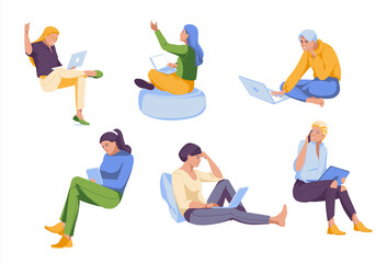 Young women in different poses work or study with a laptop or tablet. Characters study or work online. Flat vector illustration