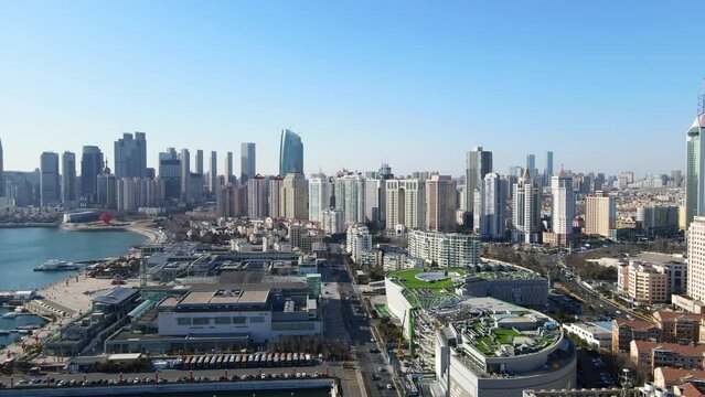 Aerial photography of architectural landscape of Qingdao coastline financial center