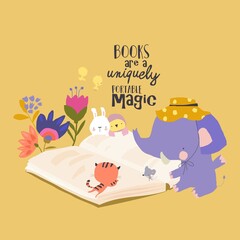 Cute Cartoon Animals reading Big Book Together