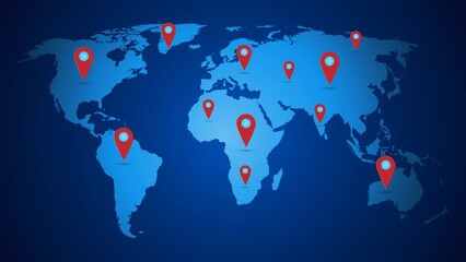 World map with global technology destination location concept. Motion graphics, animation 4k.