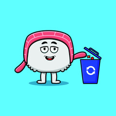 Cute cartoon sushi throwing trash in the trash in flat modern style design 
