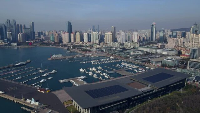 Aerial photography of architectural landscape of Qingdao coastline financial center