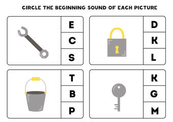 Worksheet for kids. Find the beginning sound of metal objects.