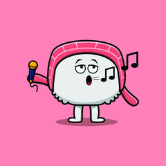 Cute cartoon sushi singer character holding mic in flat modern style design
