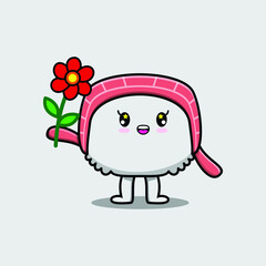 Cute cartoon sushi character holding red flower in concept flat cartoon style