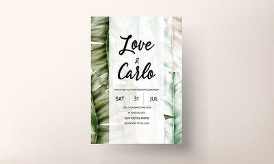 elegant hand drawing watercolor tropical leaves invitation card template