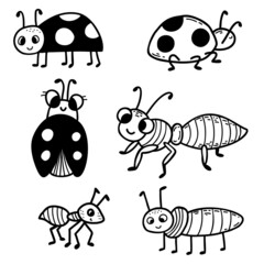 Collection of cute insects - ladybug and ants. Linear hand drawn doodle. Vector illustration. Isolated elements for design, decor, decoration and print. © Ludmila