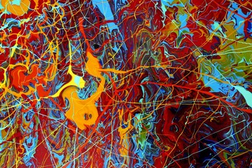 Magnificent abstract background with a mixture of colors, red, blue and orange paint drips, fantastic colored universe, colored lines and shapes