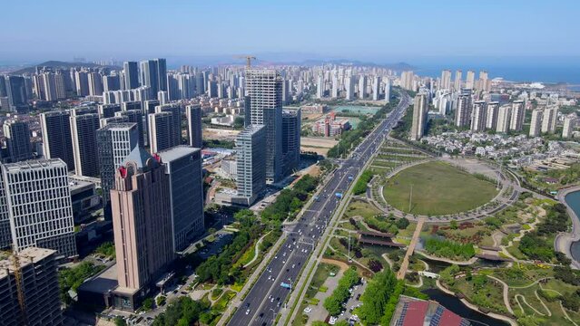 Aerial photography of the architectural landscape of the financial center on the west coast of Qingdao