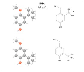Stylized molecule model/structural formula of BHA. Use as antioxidant