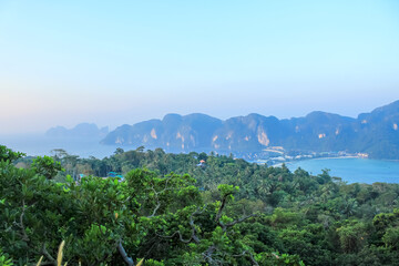 Obraz premium Blue hour light, sunrise over the Phi Phi Don island, Phuket, Thailand, copy space for text, background