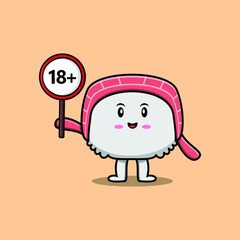 cute cartoon sushi holding 18+ sign board in vector character illustration