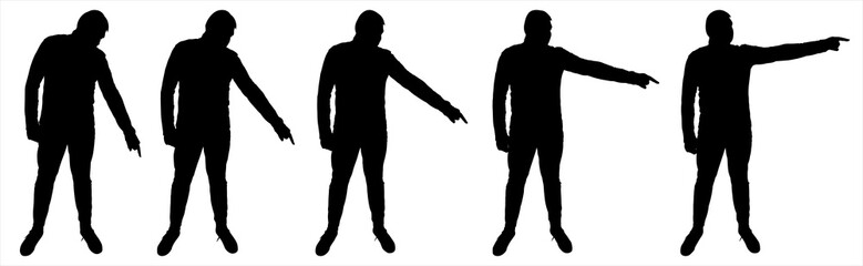 A man indicates the direction with his hand, his finger in different directions. A guy of large build stands with his hand raised. Front view, full face. Five black male silhouettes isolated on white