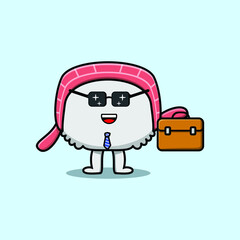 Cute cartoon sushi businessman character holding suitcase illustration