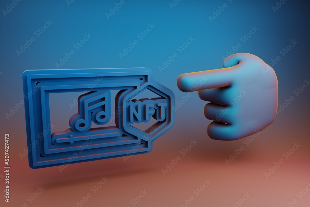 Leinwandbilder Beautiful illustrations abstract Hand index finger points to NFT Music symbol icon on a multicolor bright background. 3d rendering illustration. Background pattern for design.