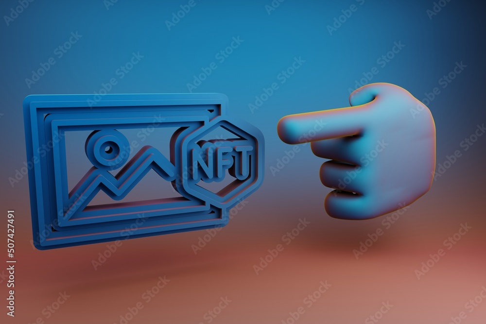 Poster beautiful illustrations abstract hand index finger points to nft art symbol icon on a multicolor bri