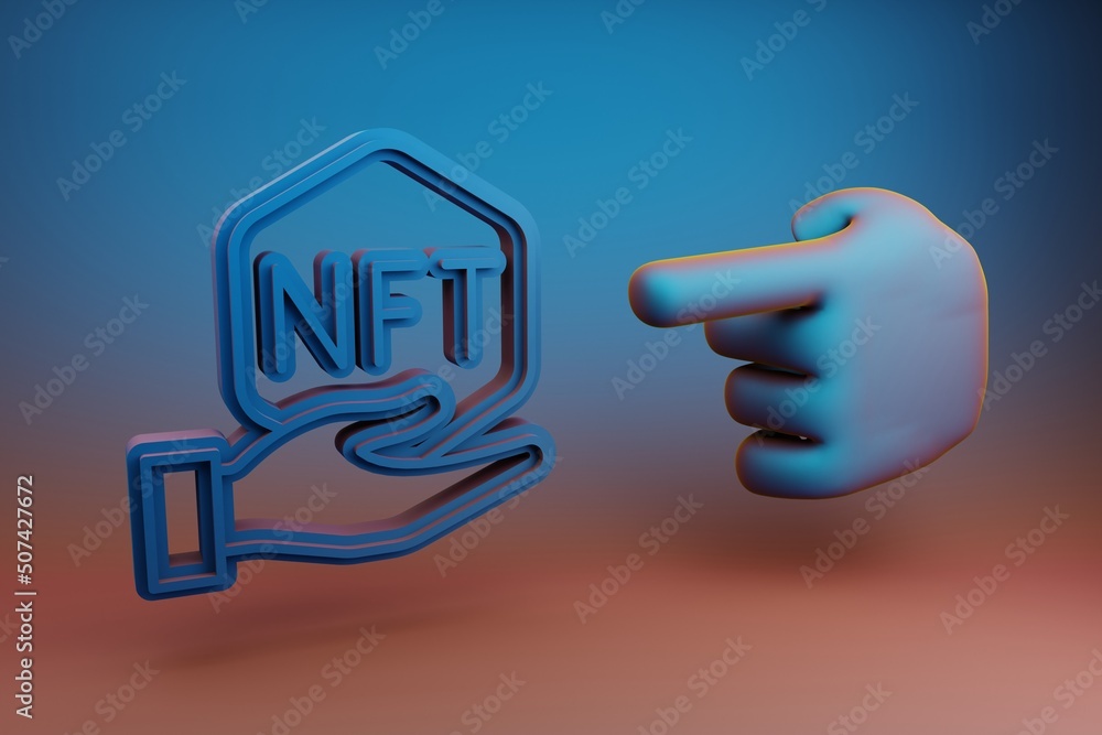 Poster beautiful illustrations abstract hand index finger points to nft hand symbol icon on a multicolor br