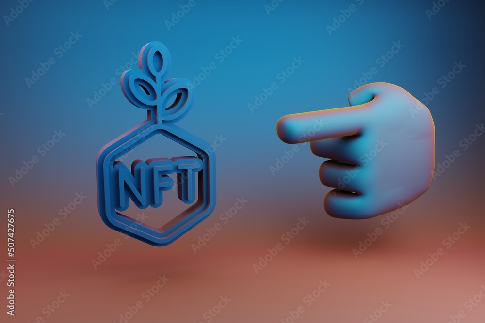 Poster beautiful illustrations abstract hand index finger points to nft investment symbol icon on a multico