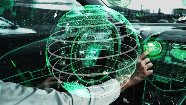 Self-driving autonomous car with relaxed young man sitting at driver seat is driving on busy highway road in the city. conceptual of machine learning, artificial intelligence and augmented reality.