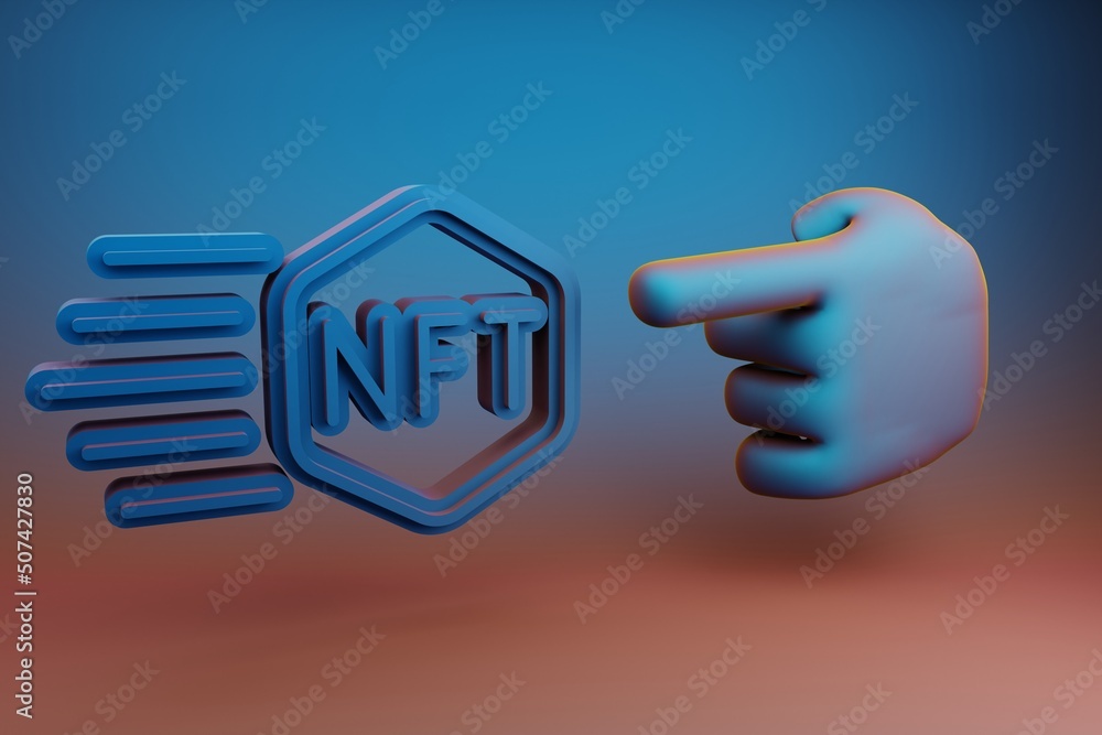 Poster beautiful illustrations abstract hand index finger points to nft token symbol icon on a multicolor b