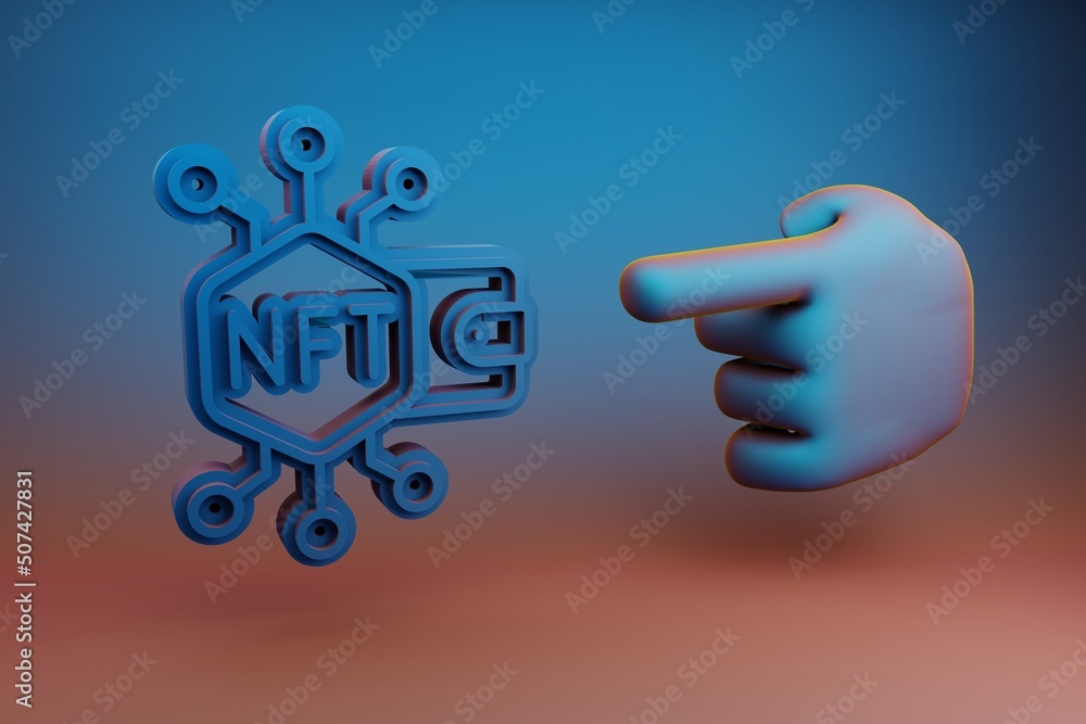 Poster beautiful illustrations abstract hand index finger points to nft wallet symbol icon on a multicolor 