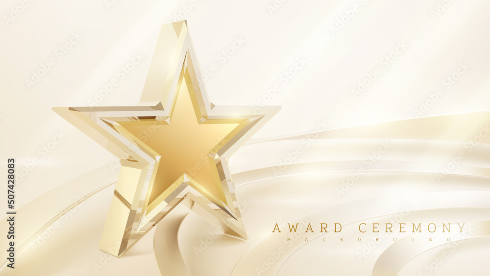 Wall mural award ceremony background with 3d gold star and ribbon element and glitter light effect decoration.