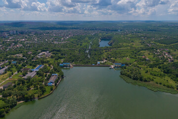 Fototapeta na wymiar Dam from the height of the Karachunovsky reservoir of Krivoy Rog, Ukraine.