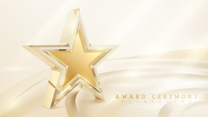 Award ceremony background with 3d gold star and ribbon element and glitter light effect decoration. - obrazy, fototapety, plakaty