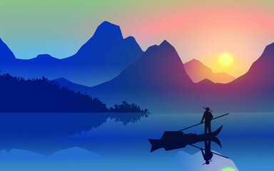 Fototapeta premium sunset on the lake with fisherman