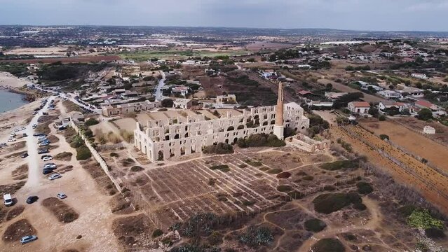 Aerial view of Fornace Penna is located in the Pisciotto a Sampieri district, in the municipality of Scicli, Ragusa, Sicily, Italy. It is also known as La M&agrave;nnara. Ancient industrial architecture.