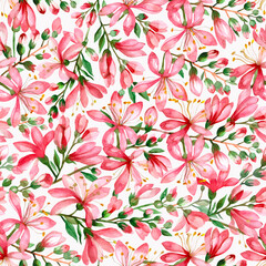 Light spring - summer watercolor hand-painted pink flowers seamless pattern, white background