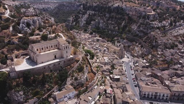 Aerial drone shot of the baroque town of Scicli, Province of Ragusa, south east Sicily.