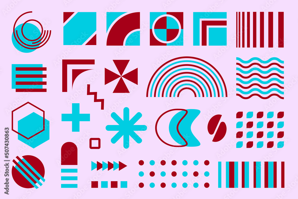 Poster red and cyan geometric vintage design elements. modern shapes and patterns collection. abstract illu