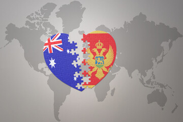 puzzle heart with the national flag of montenegro and australia on a world map background. Concept.