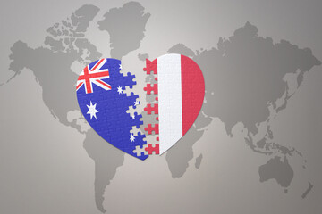 puzzle heart with the national flag of peru and australia on a world map background. Concept.