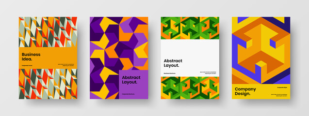Amazing geometric hexagons leaflet illustration collection. Vivid presentation design vector template composition.