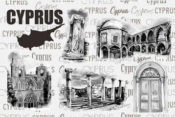 Watercolor drawing art of Cyprus landmarks