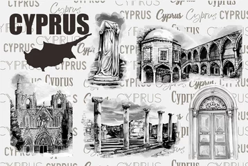 Gordijnen Watercolor drawing art of Cyprus landmarks © NATALIIA TOSUN