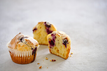 Fragrant lemon muffins with blueberries on a gray background